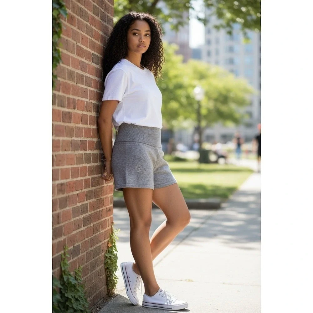 Orange Kiss Essentials Knit Shorts Women XL Heather Gray High Rise fold over New